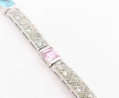 925 Sterling Silver Vintage Bracelet Multi Gemstone Geometric Panel Link BT11692
