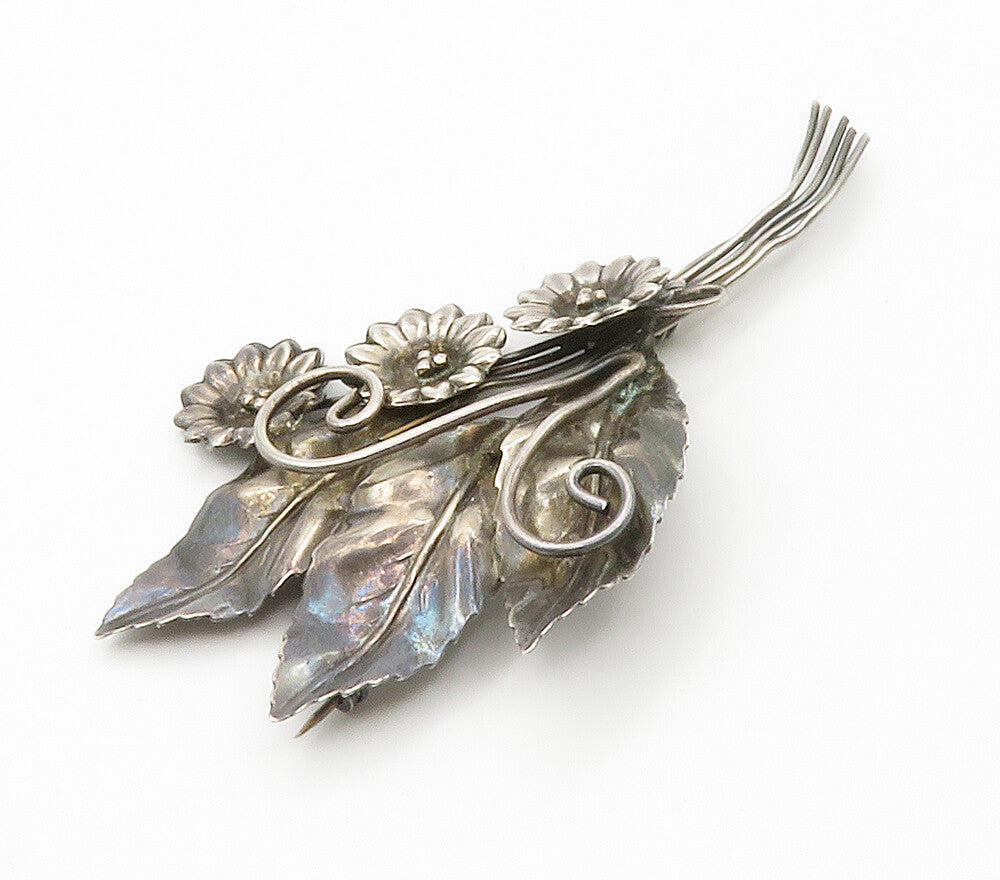 925 Sterling Silver  Vintage Dark Tone Flower Bunch Swirl Brooch Pin  BP5791