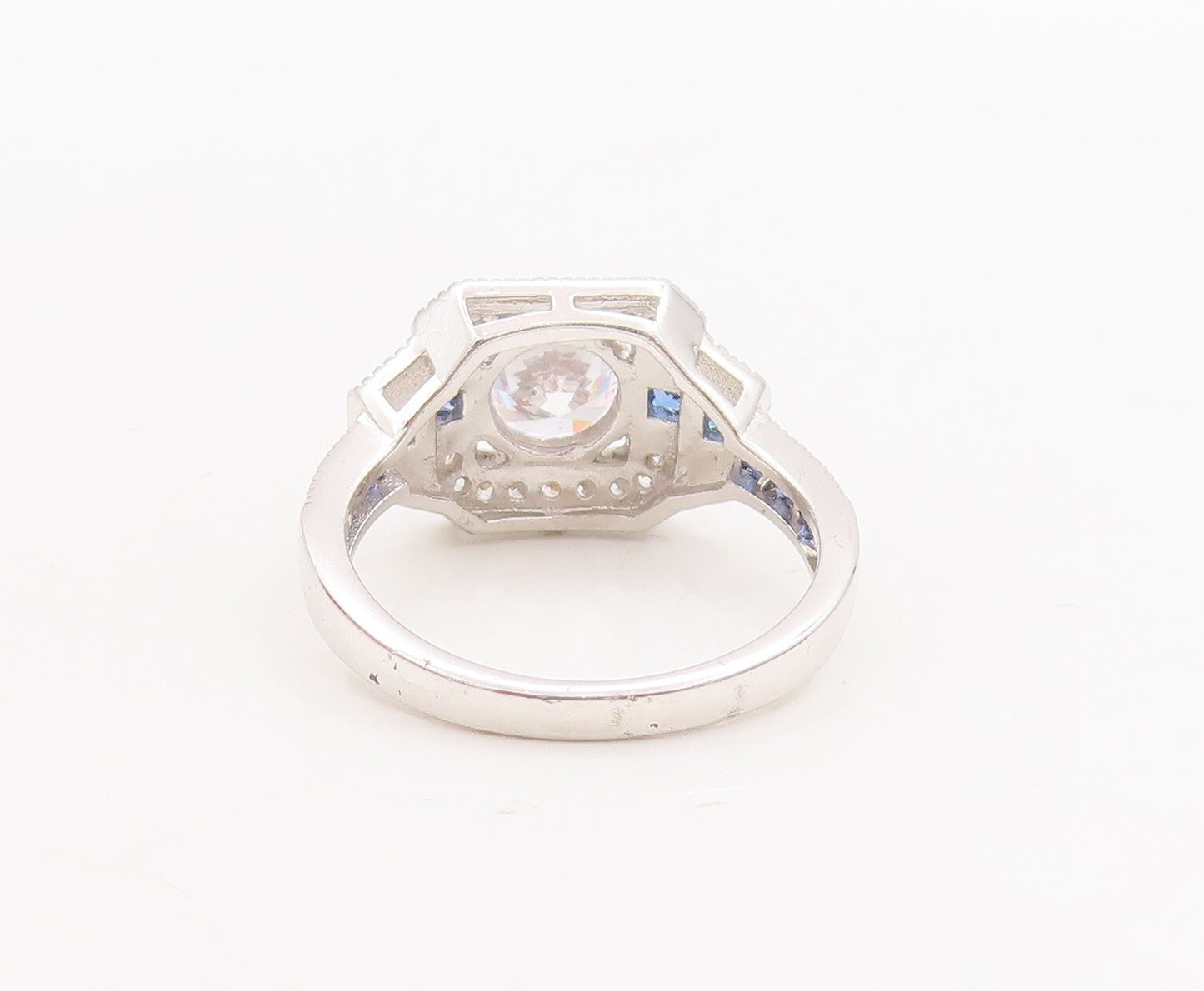 925 Sterling Silver Vintage Ring Round & Square Cut 2 Tone Sapphire Sz 7 RG29219