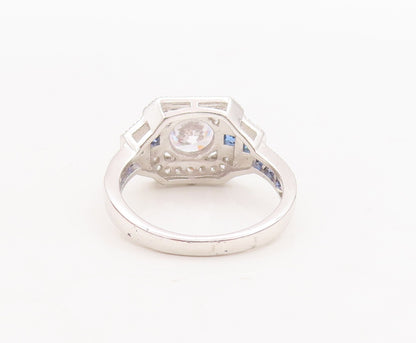 925 Sterling Silver Vintage Ring Round & Square Cut 2 Tone Sapphire Sz 7 RG29219