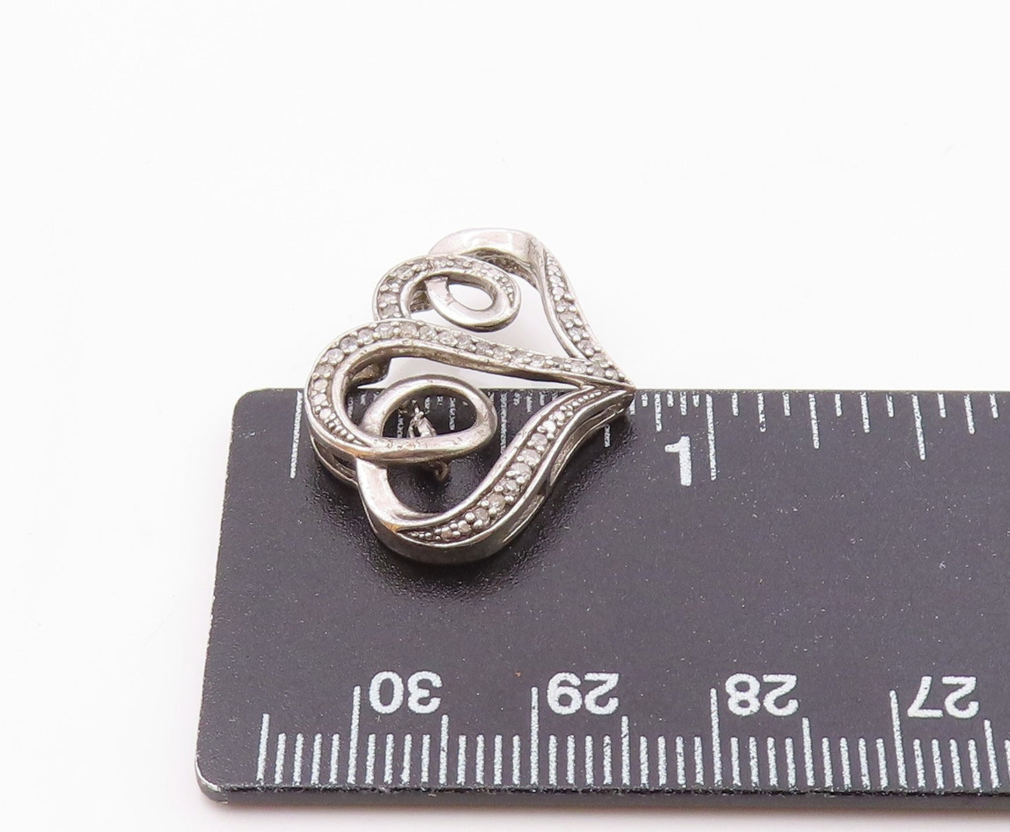 925 Sterling Silver  Vintage Genuine Diamonds Double Heart Pendant  PT19811