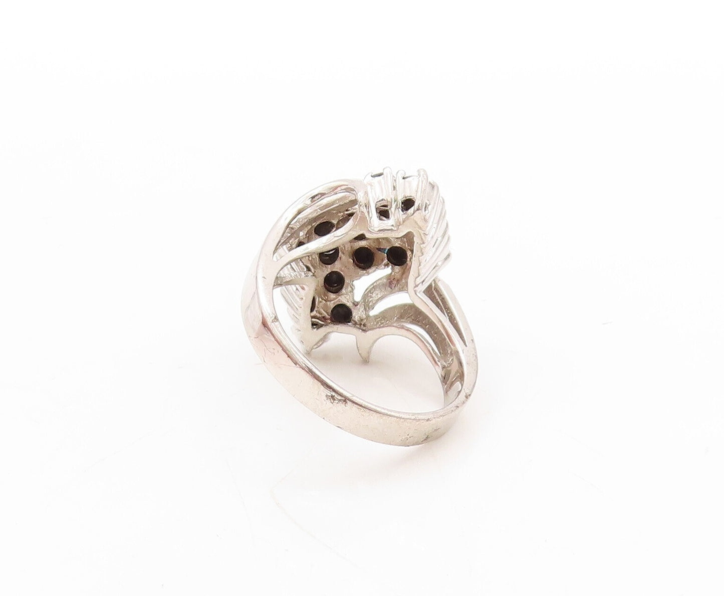 925 Sterling Silver Vintage Ring Swirly Carved Sapphire Inlay  Sz 7  RG31423