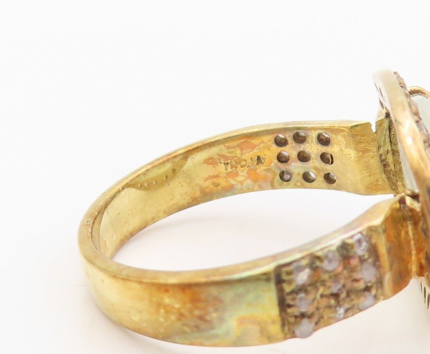 925 Sterling Silver Vintage Ring Gold Plated Diamonds & Gemstone  Sz 7  RG30333