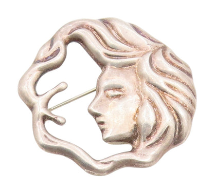 925 Sterling Silver Vintage Brooch Pin MEXICO Art Nouveau Moon Goddess  BP12260