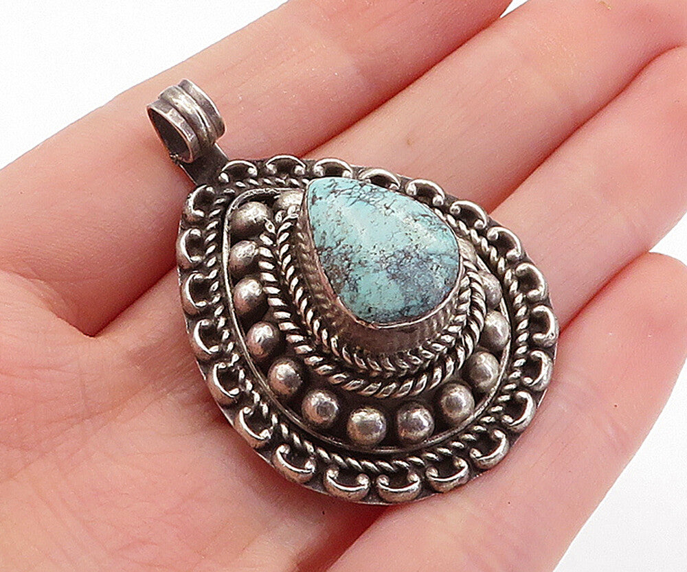 925 Sterling Silver Vintage Pear Shapes Turquoise Twist Drop Pendant PT4122