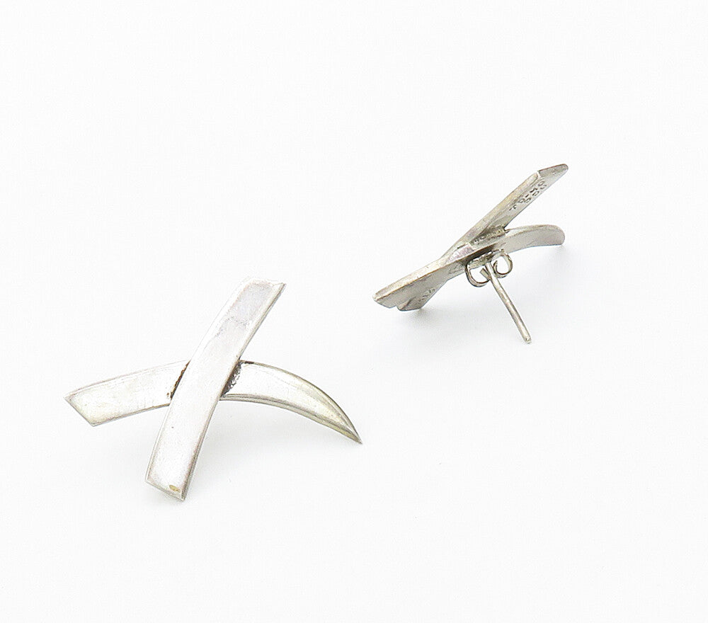 MEXICO 925 Sterling Silver  Vintage Shiny Smooth Crossed Drop Earrings  EG8060