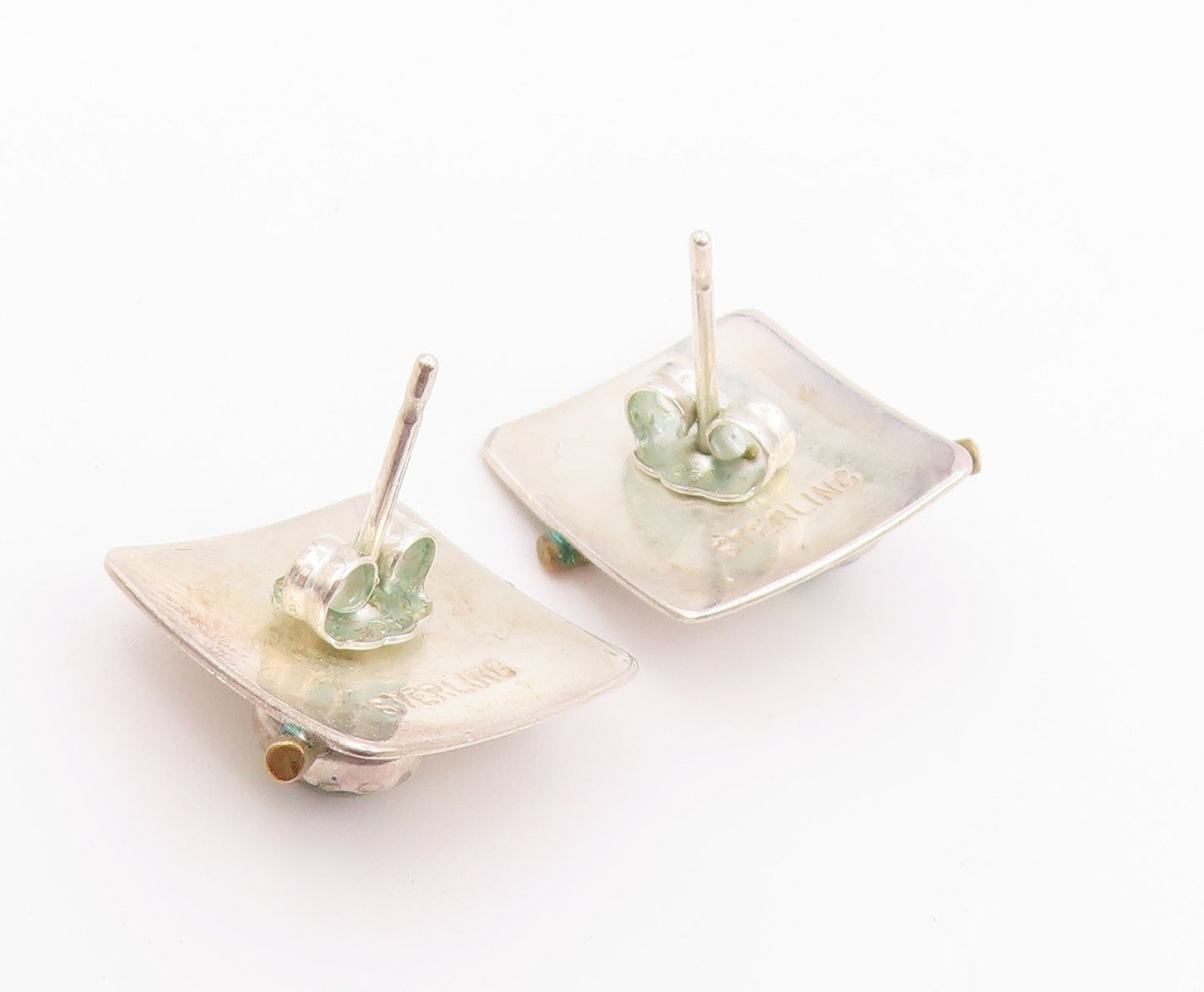 925 Sterling Silver Vintage Earrings Two Tone Peridot Geometric Studs  EG14503