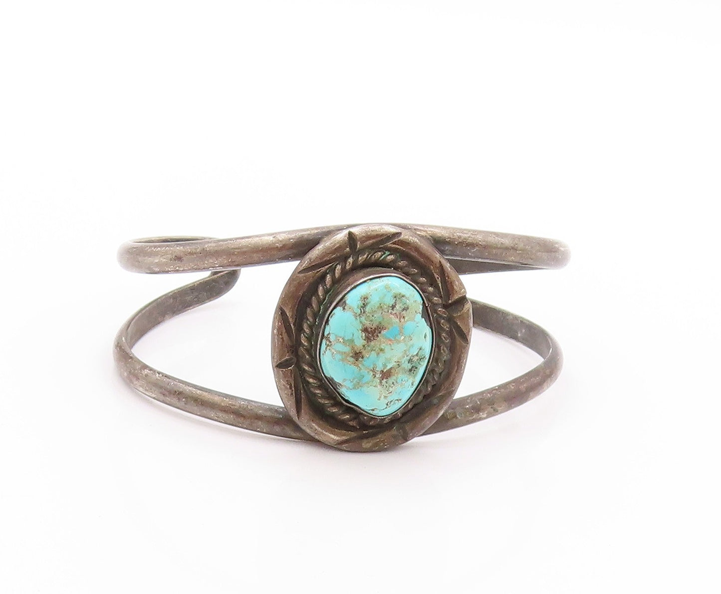 925 Sterling Silver Vintage Bracelet NAVAJO Split Cuff Roped Turquoise  BT11229