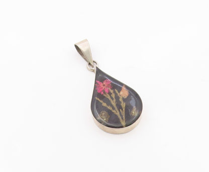 925 Sterling Silver  Vintage Flower Glass Art Rain Drop Pendant  PT15335