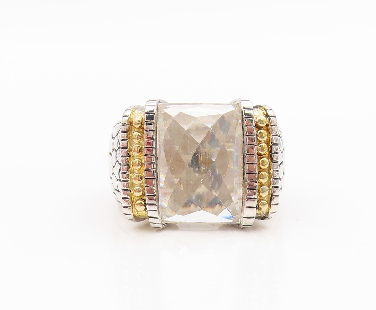 925 Sterling Silver Vintage Ring Two Tone Faceted White Topaz Band Sz 7 RG34327