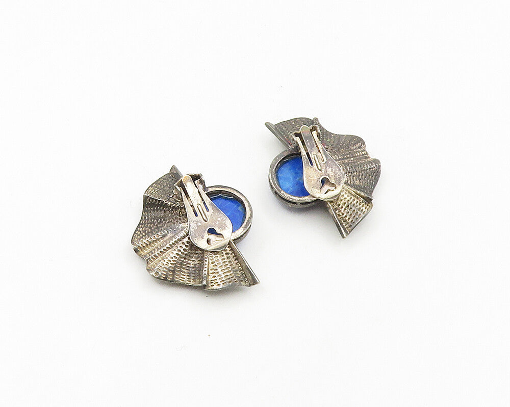 925 Sterling Silver  Vintage Lapis Lazuli Fan Non Pierce Earrings  EG9387