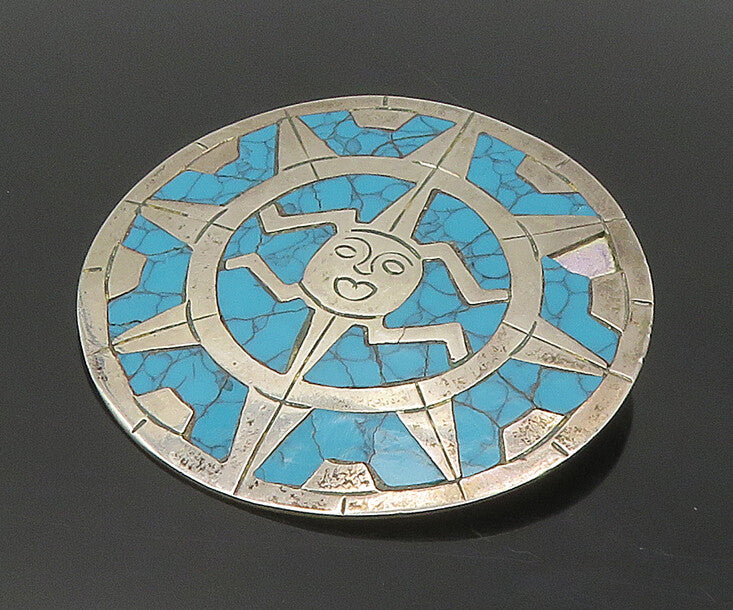 MEXICO 925 Sterling Silver  Vintage Turquoise Sun Face Brooch Pin  BP6886