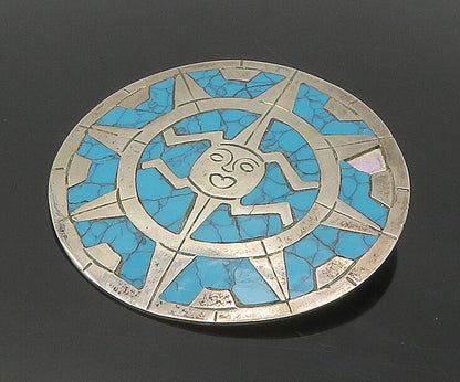 MEXICO 925 Sterling Silver  Vintage Turquoise Sun Face Brooch Pin  BP6886