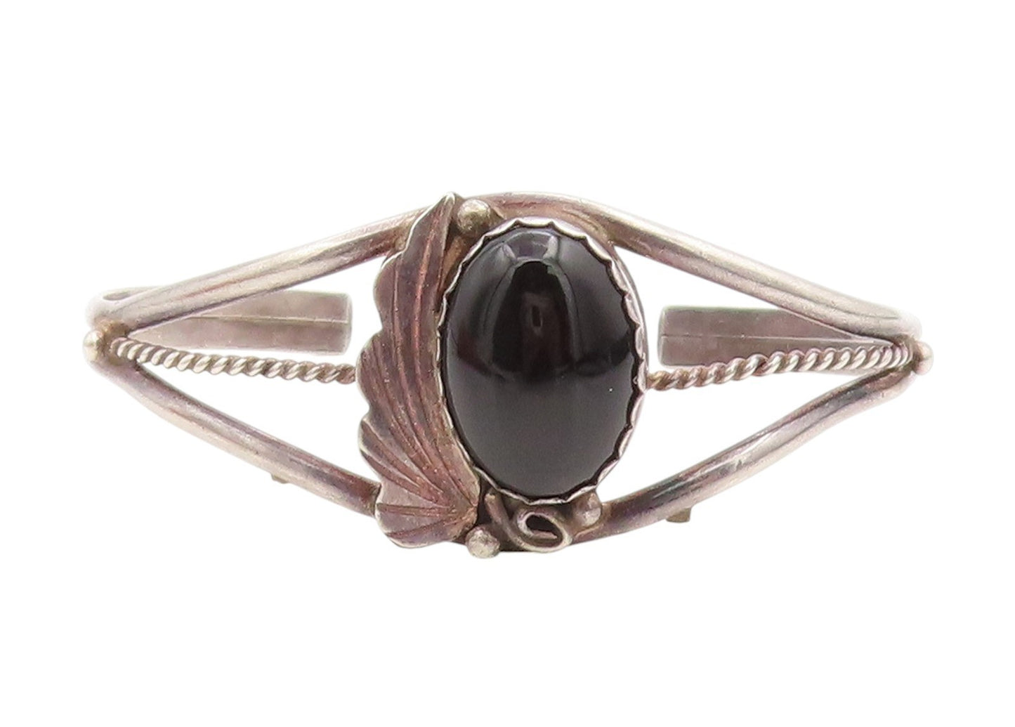 925 Sterling Silver Vintage Bracelet NAVAJO Cabochon Onyx Leaf Design  BT11447