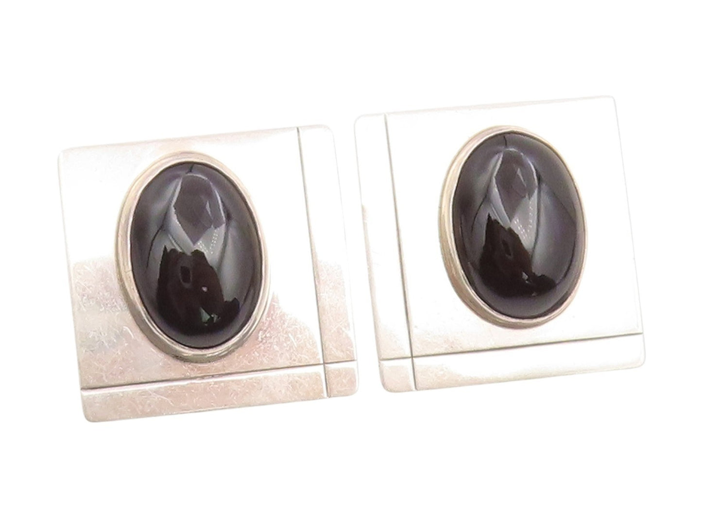 925 Sterling Silver Vintage Cabochon Black Onyx Square Stud Earrings  EG12372