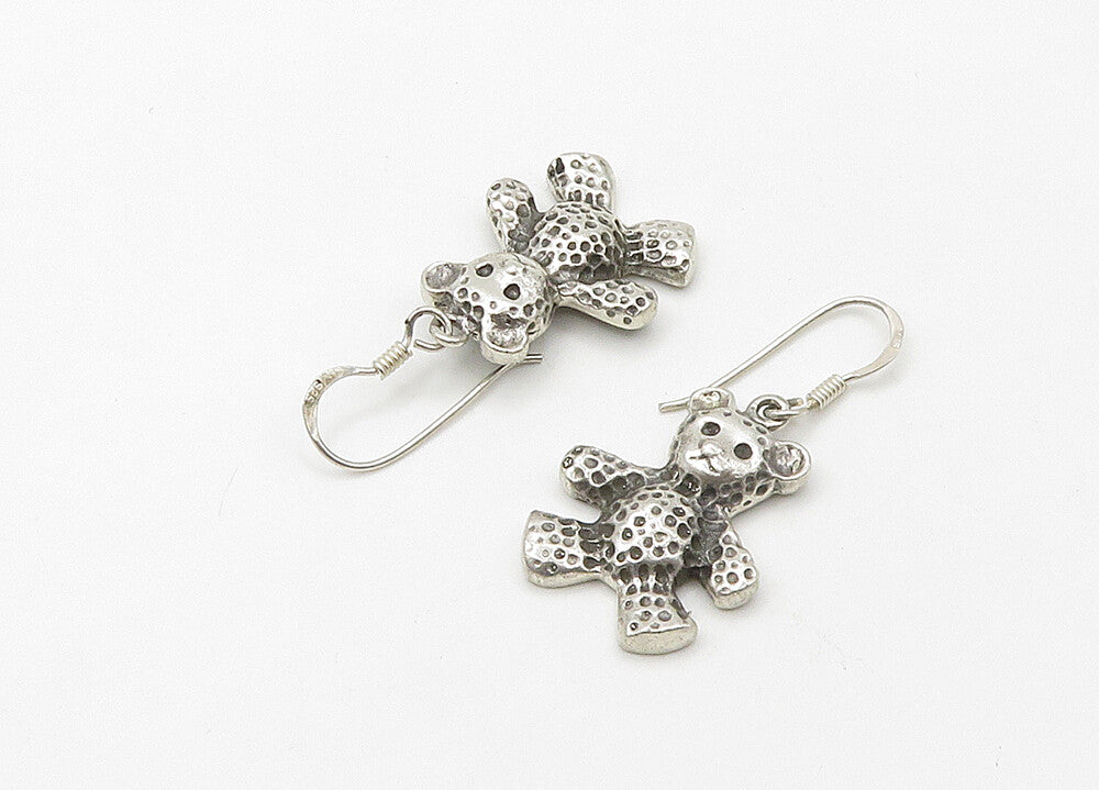 925 Sterling Silver  Vintage Shiny Textured Teddy Bear Drop Earrings  EG10623