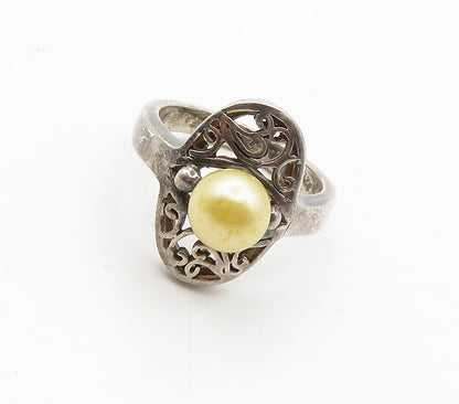 925 Sterling Silver  Vintage Golden Pearl Swirl Vine Band Ring Sz 7  RG15508