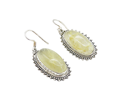925 Sterling Silver  Vintage Cabochon Rutilated Quartz Dangle Earrings  EG3635