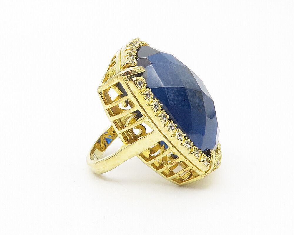 925 Sterling Silver  Designer Elongated Gold Plated Cocktail Ring Sz 7 RG11207