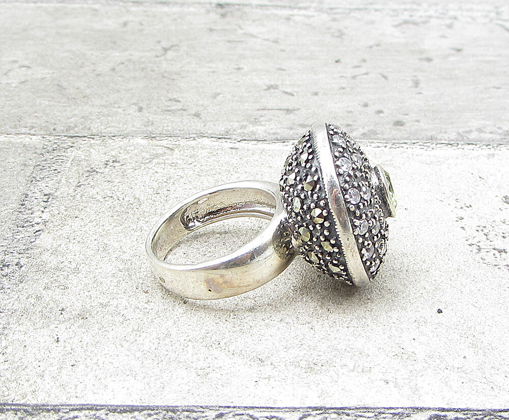 925 Silver  Peridot Cubic Zirconia & Marcasite Round Shield Ring Sz 7  RG1940
