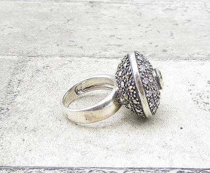 925 Silver  Peridot Cubic Zirconia & Marcasite Round Shield Ring Sz 7  RG1940