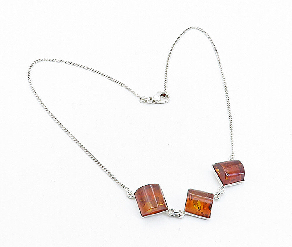 925 Sterling Silver Amber 3 Stone Shiny Thin Curb Link Chain Necklace NE1087