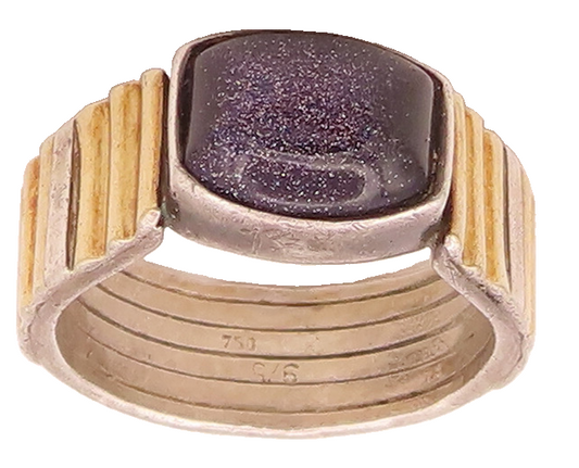 18K GOLD & 925 Silver  Vintage Goldstone Two Tone Band Ring Sz 7.5  RG26569