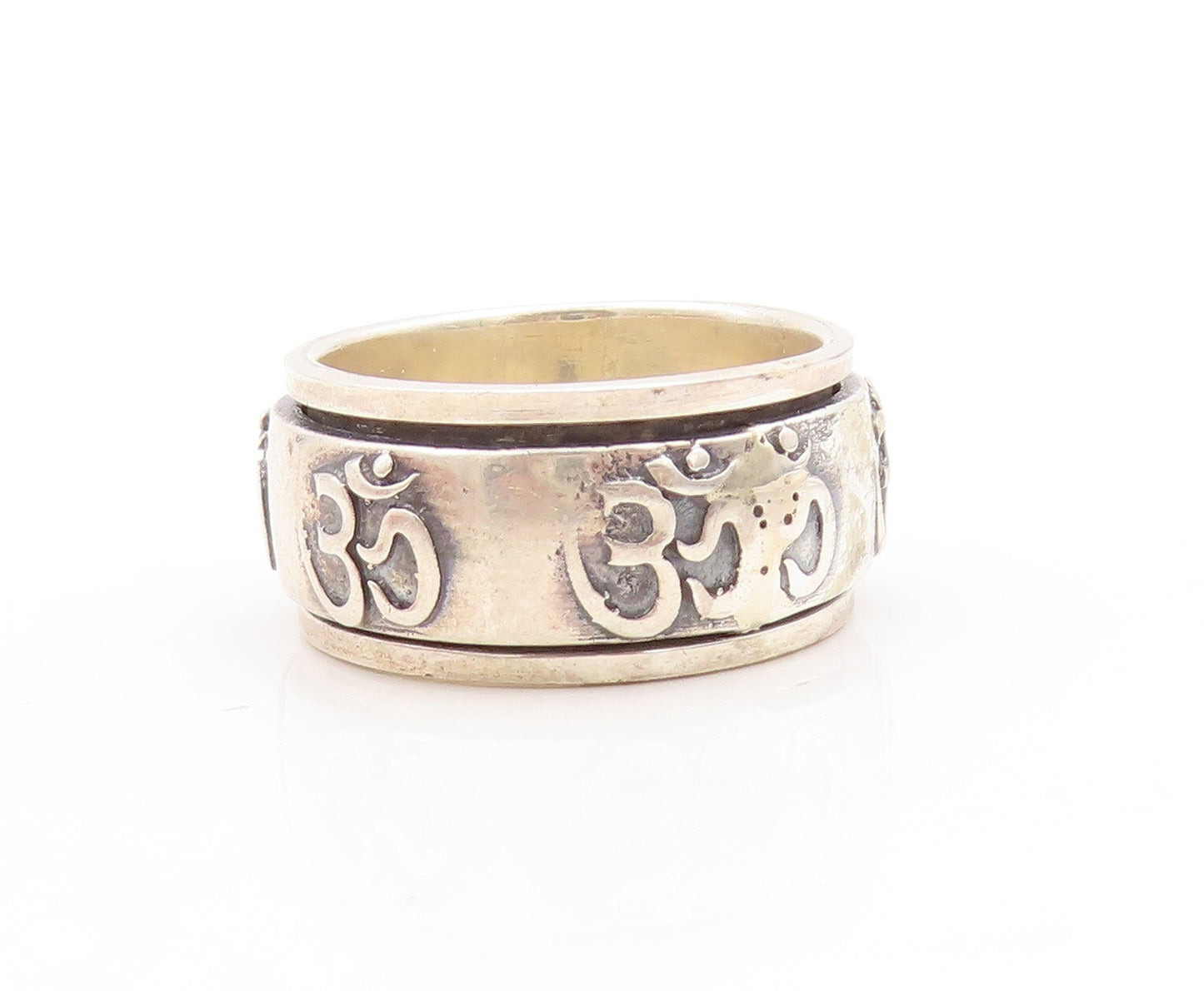 925 Sterling Silver Vintage Ring Spinner Religious OM Carved  Sz 12  RG31597