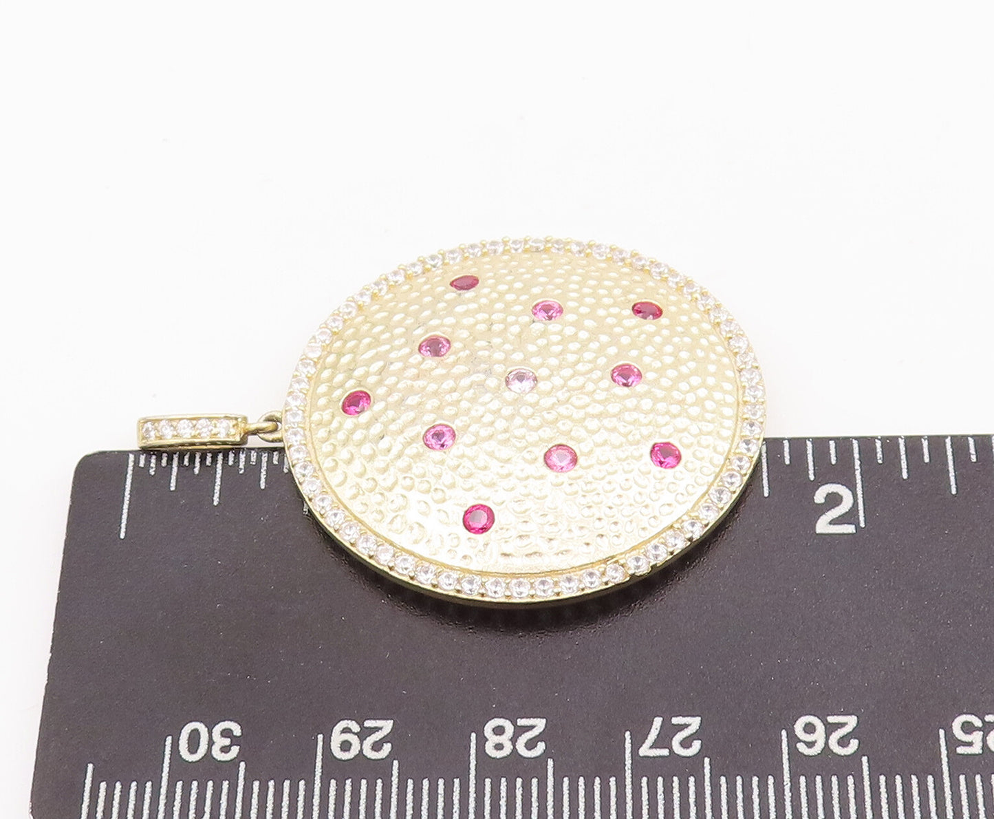925 Sterling Silver Vintage Pendant Round Dented 2 Tone Gemstone Inlay PT22850