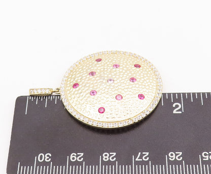 925 Sterling Silver Vintage Pendant Round Dented 2 Tone Gemstone Inlay PT22850