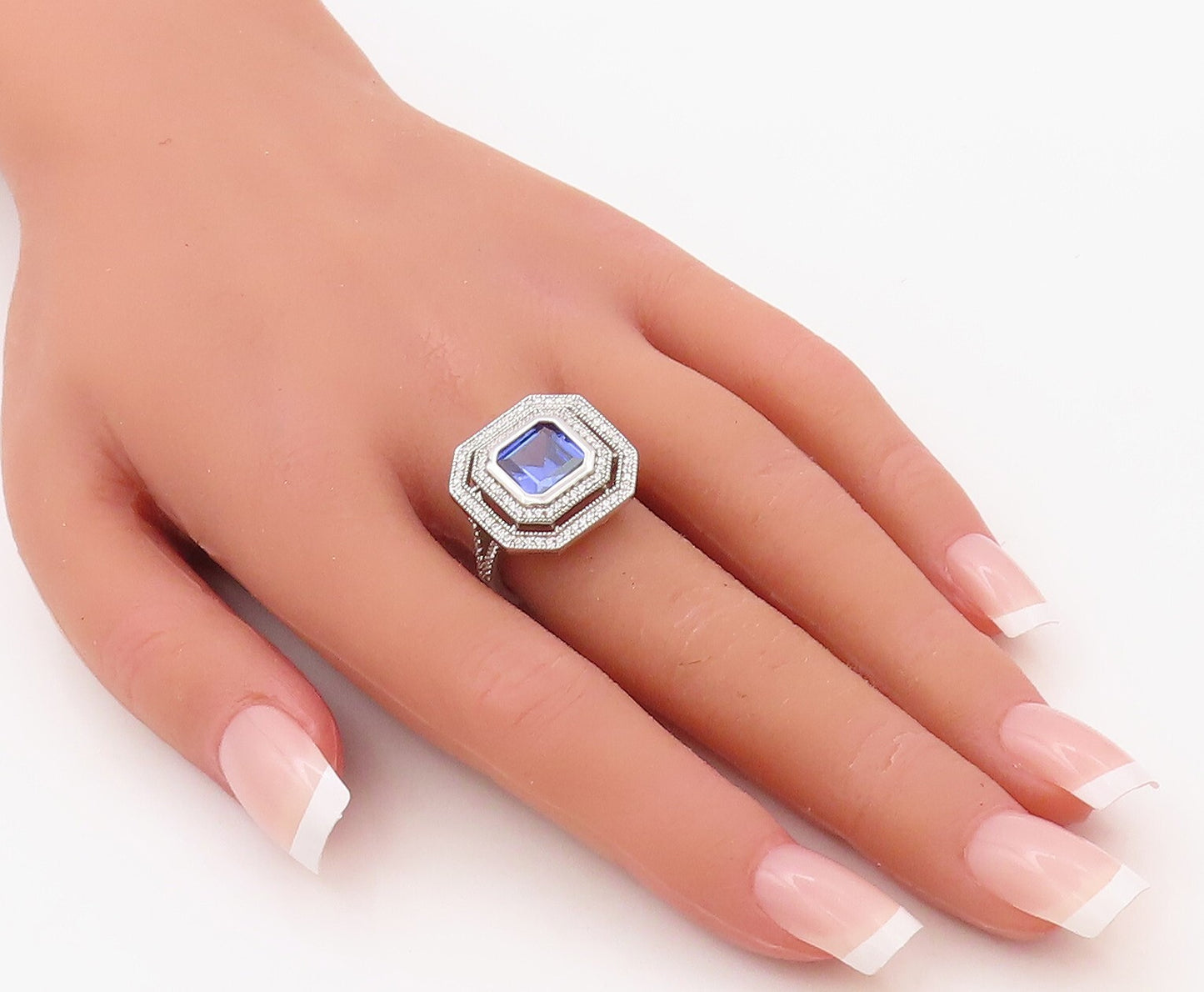 925 Sterling Silver Vintage Ring Square Sapphire Halo CZ Bands  Sz 7  RG30786