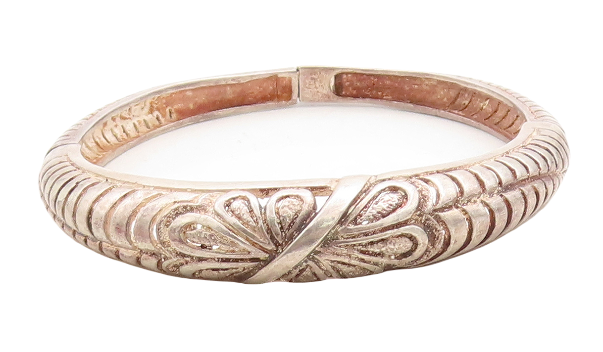 925 Sterling Silver  Vintage Floral Cutout Round Hinge Bangle Bracelet  BT1568