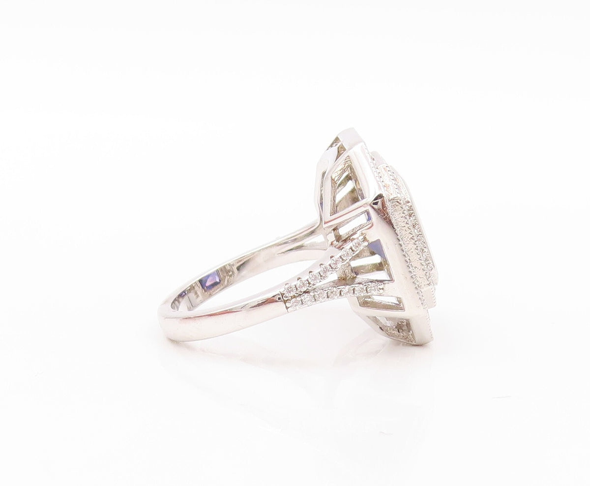 925 Sterling Silver Vintage Ring Square Sapphire Halo CZ Bands  Sz 7  RG30786