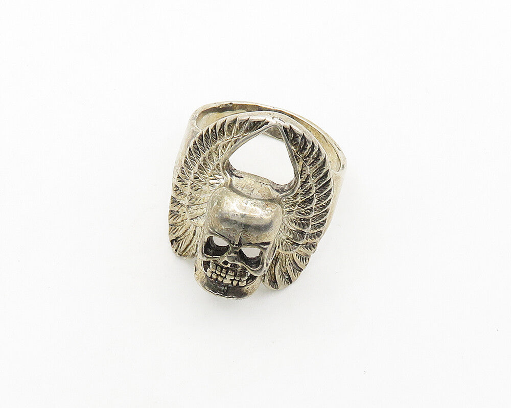 G & S 925 Sterling Silver  Vintage Skull & Wings Large Band Ring Sz 12.5 RG18067