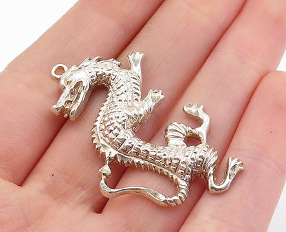 925 Sterling Silver Vintage Shiny Etched Detail Dragon Motif Pendant PT4528