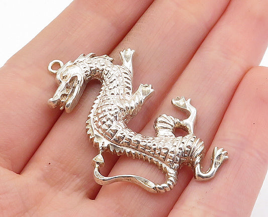 925 Sterling Silver Vintage Shiny Etched Detail Dragon Motif Pendant PT4528