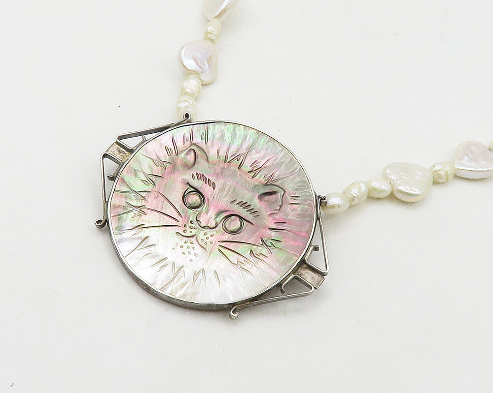 925 Sterling Silver Vintage Pearls & Abalone Cat Face Chain Necklace  NE3098