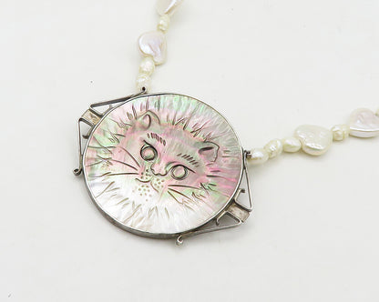 925 Sterling Silver Vintage Pearls & Abalone Cat Face Chain Necklace  NE3098