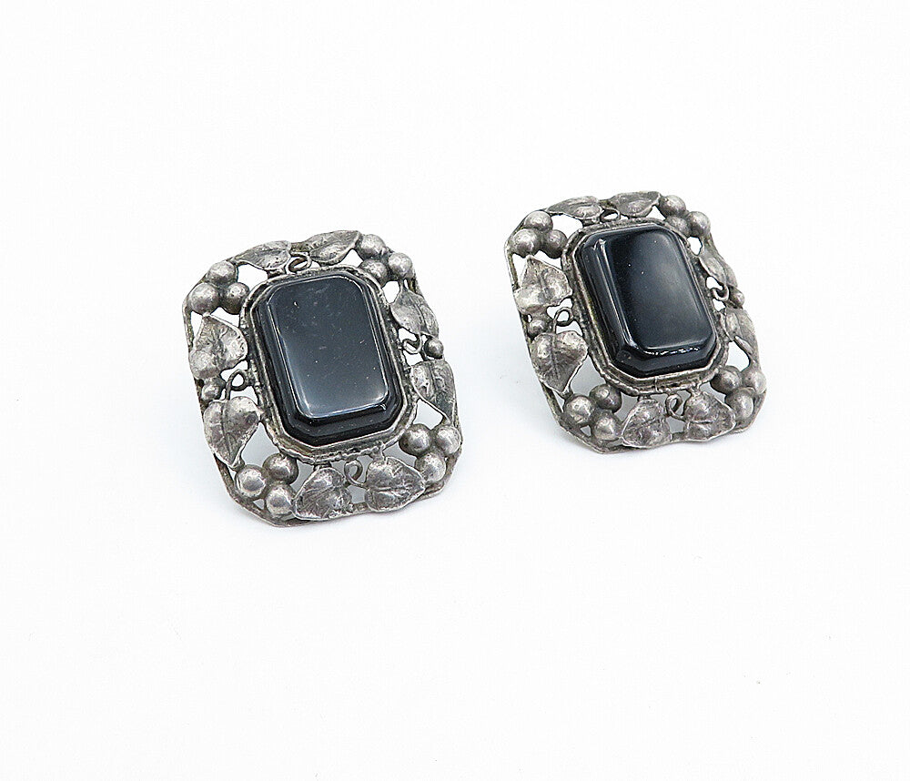925 Sterling Silver  Vintage Black Onyx Floral Border Drop Earrings  EG2081
