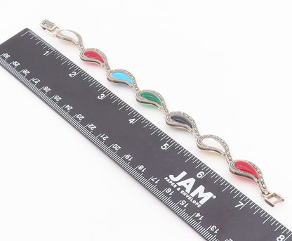 925 Silver Vintage Mother Of Pearl Turquoise & Multi Stone Bracelet BT3713