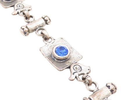 925 Sterling Silver Vintage Bracelet Etched Bird Letter & Blue CZ  BT11261