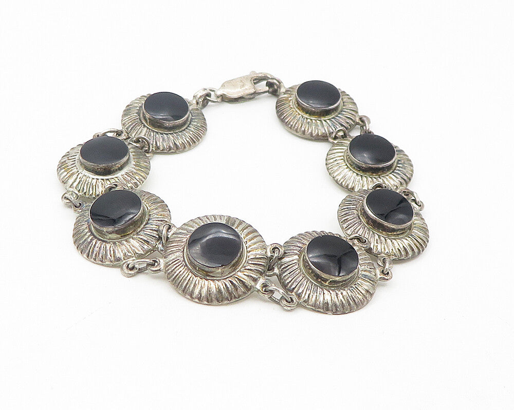 925 Sterling Silver  Vintage Black Onyx Etched Round Chain Bracelet  BT4544