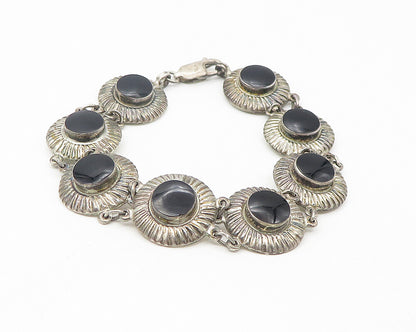 925 Sterling Silver  Vintage Black Onyx Etched Round Chain Bracelet  BT4544