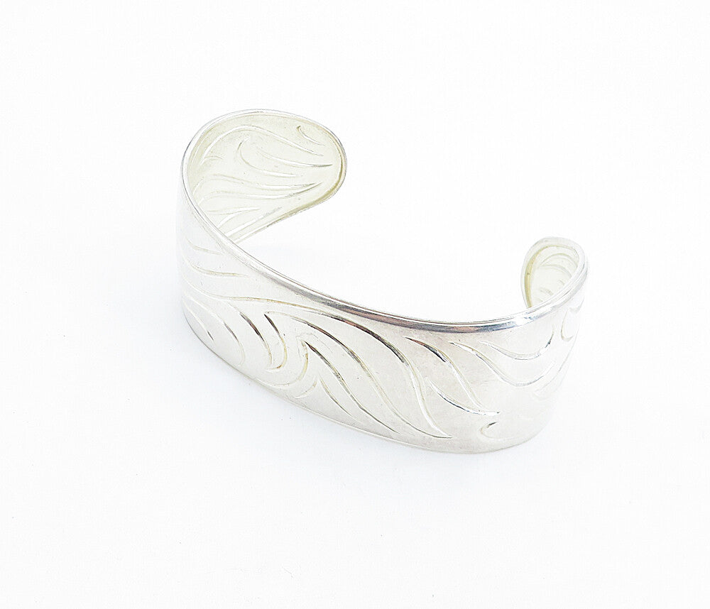 DESIGNER 925 Sterling Silver  Shiny Swirl Etched Pattern Cuff Bracelet  BT3055