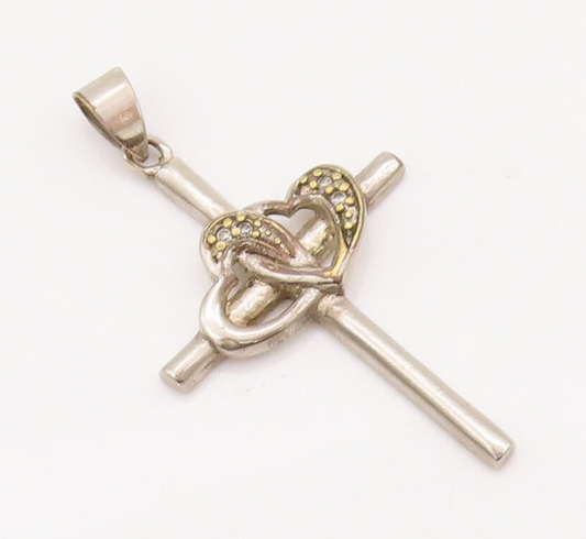 925 Sterling Silver Vintage Pendant Interlocked Carved Topaz Heart Cross PT22989