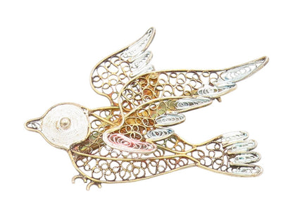925 Sterling Silver Vintage Brooch Pin Gold Plated Filigree Bird Charm  BP12410