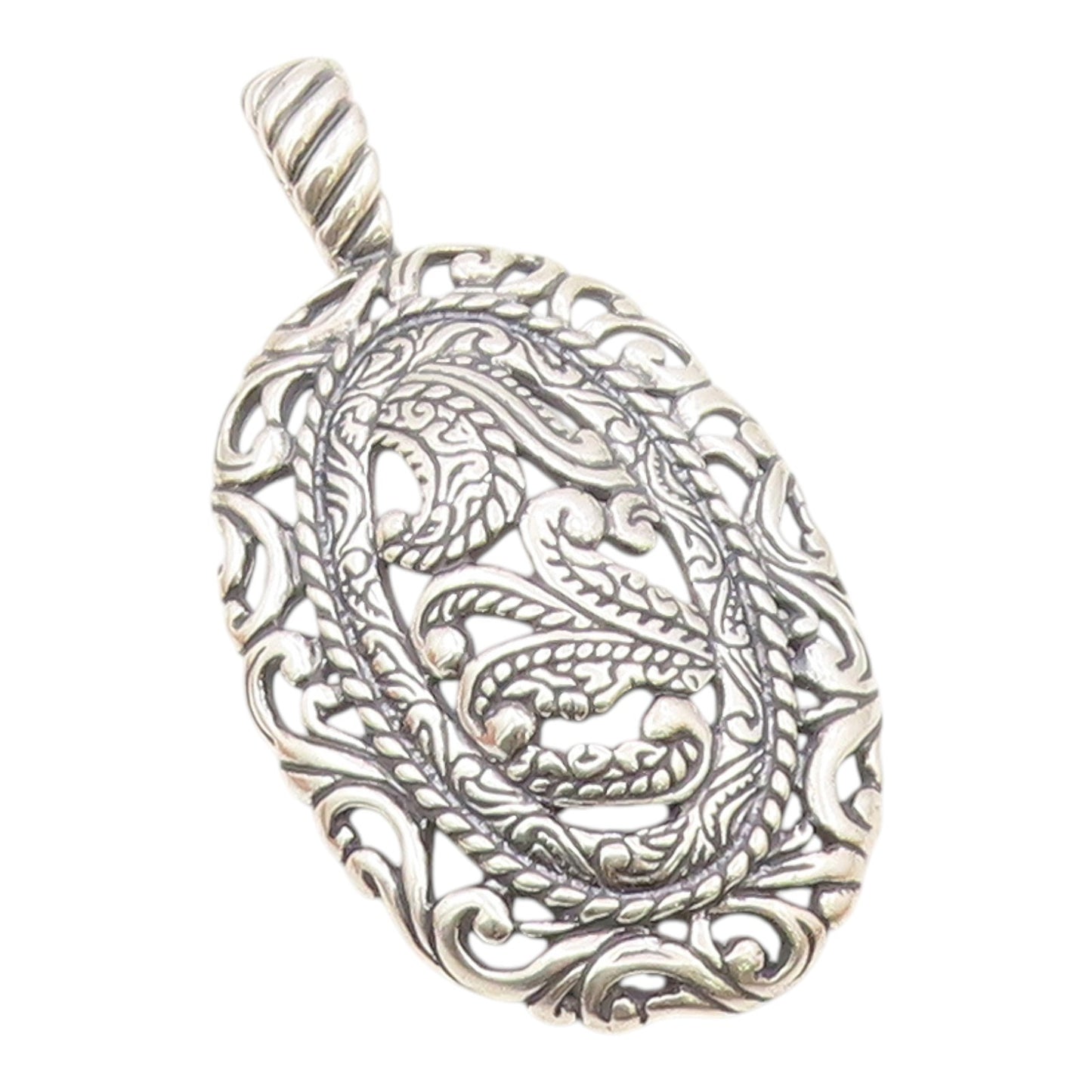 CAROLYN POLLACK 925 Silver  Vintage Shiny Swirl Pattern Oval Pendant  PT18502