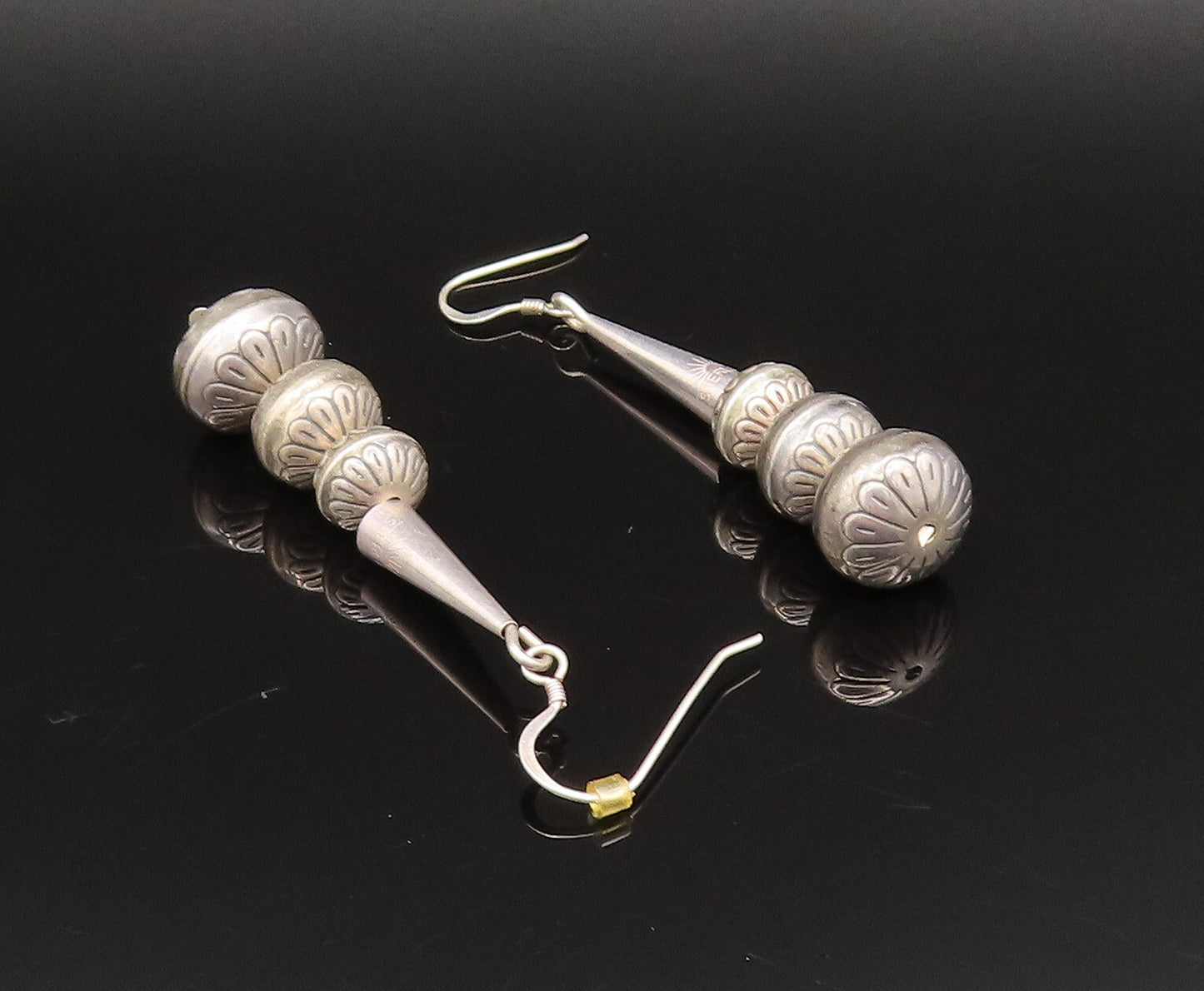 SOUTHWESTERN 925 Silver Vintage Etched Floral Spheres & Cone Earrings EG12035
