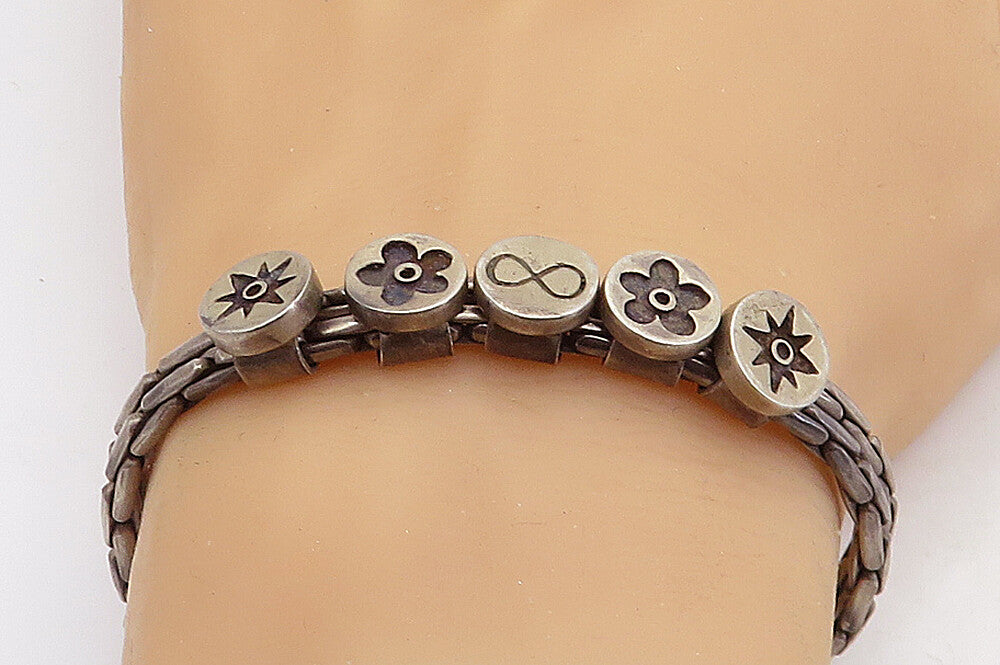 925 Sterling Silver  Vintage Antique Oxidized Flowers Chain Bracelet  BT2490