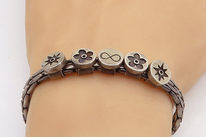 925 Sterling Silver  Vintage Antique Oxidized Flowers Chain Bracelet  BT2490